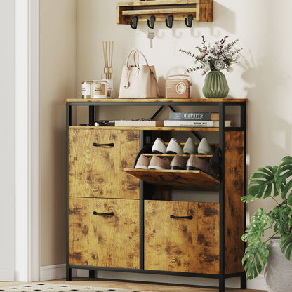 HOMCOM Shoe Storage Cabinet with 4 Flip Drawers and Open Shelf - Rustic Brown