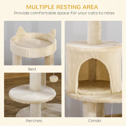 PawHut 104 cm Cat Tree, Cat Condo Tree Tower, Cat Activity Centre with Scratching Posts, Plush Perches, Hanging Ball - Cream White