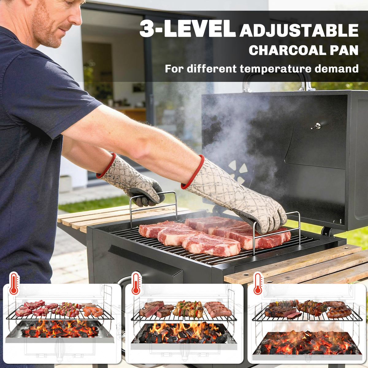 Outsunny Charcoal BBQ Grill with Adjustable Charcoal Pan, Barbecue Smoker with Warming Rack, Black