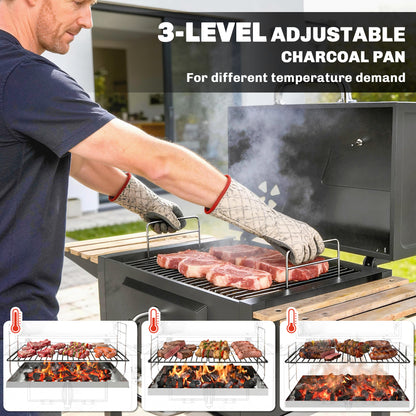 Outsunny Charcoal BBQ Grill with Adjustable Charcoal Pan, Barbecue Smoker with Warming Rack, Black