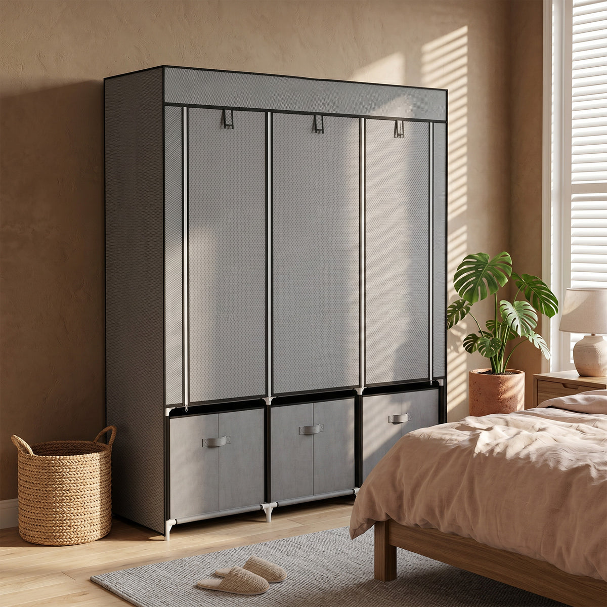 HOMCOM Foldable Fabric Wardrobe for Bedroom, Portable Wardrobe with 5 Shelves, 2 Hanging Rails and 3 Fabric Drawers, Dark Grey