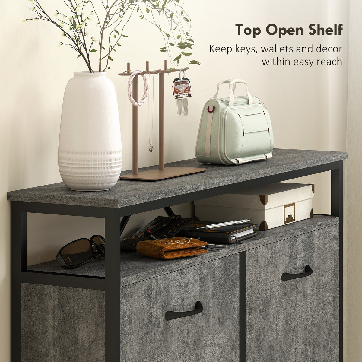 HOMCOM Shoe Storage Cabinet with 4 Flip Drawers and Open Shelf - Cement Grey