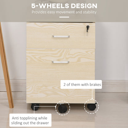 Vinsetto 2-Drawer Locking Office Filing Cabinet w/ 5 Wheels Rolling Storage Hanging A4 Cupboard Home Organisation, Oak Wood Grain
