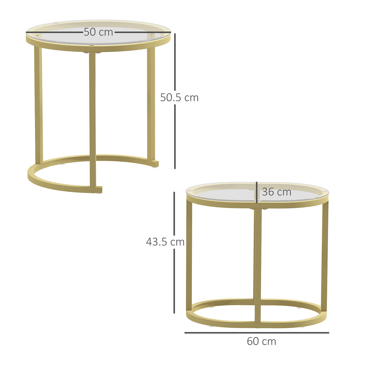 HOMCOM Nest of Tables with Steel Frame and Tempered Glass Tabletop, Modern Coffee Table Set of 2, Clear