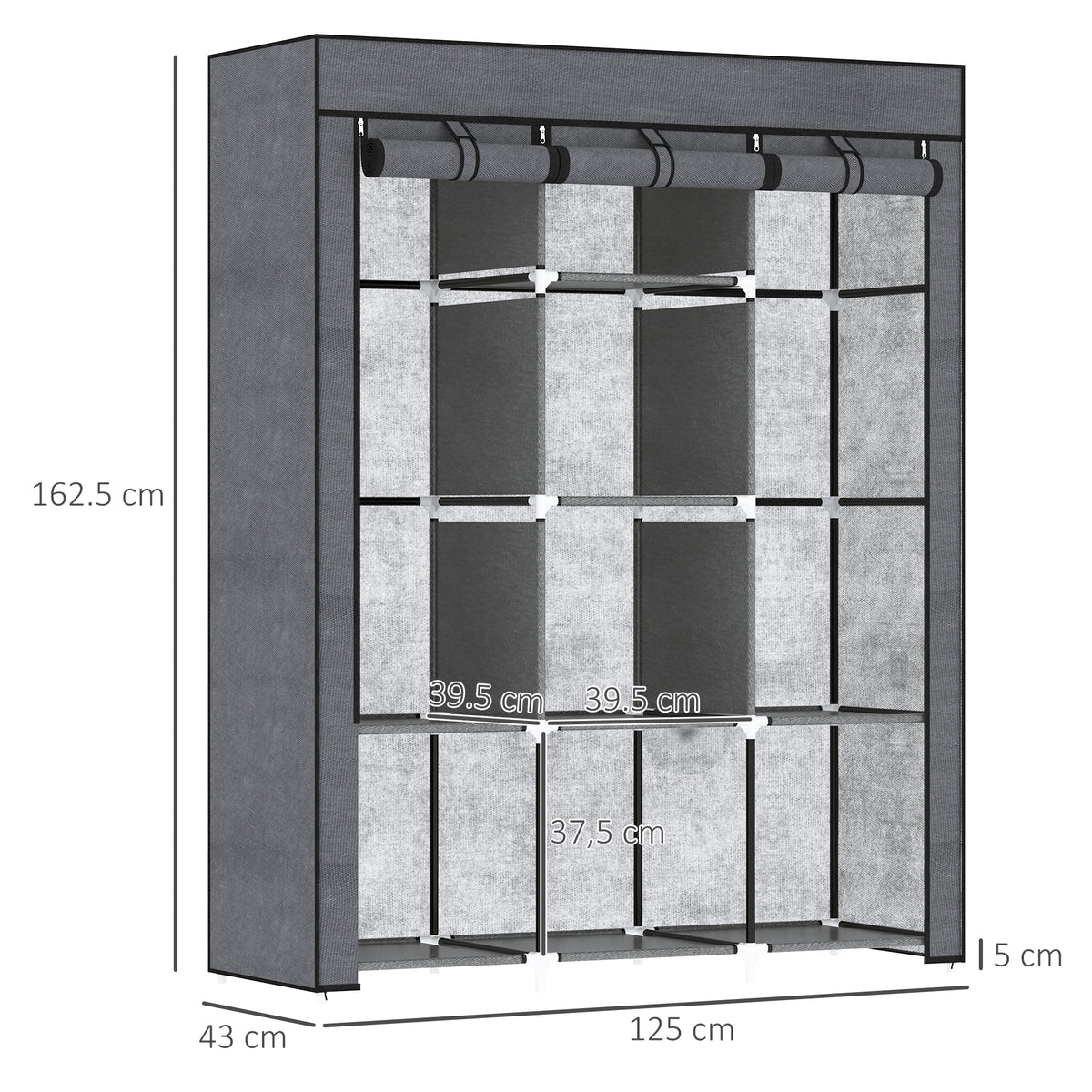 HOMCOM Fabric Wardrobe, with Rails and Shelves - Dark Grey