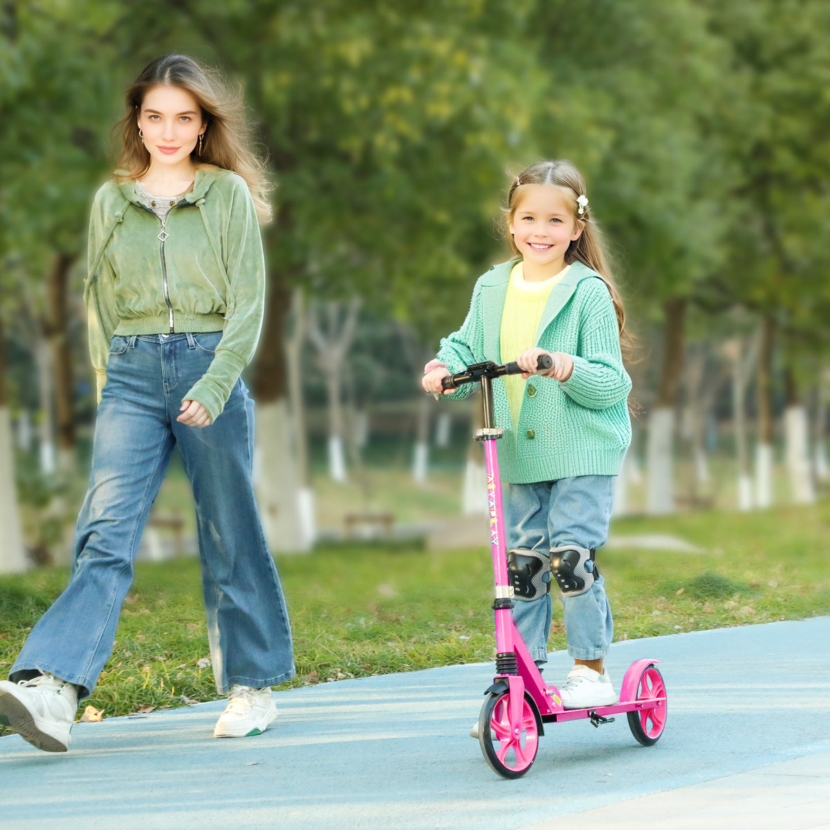AIYAPLAY Foldable Kids Scooter with Adjustable Handlebar, 200mm Big Wheel, Rear Fender Brake, for Ages 6-12 Years, Pink