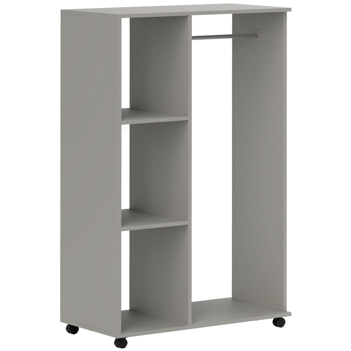 HOMCOM Open Wardrobe on Wheels, Bedroom Wardrobe with Clothes Hanging Rail, 3 Storage Shelves, Mobile Garment Rack for Cloakroom, Hallway, Grey