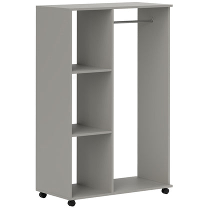 HOMCOM Open Wardrobe on Wheels, Bedroom Wardrobe with Clothes Hanging Rail, 3 Storage Shelves, Mobile Garment Rack for Cloakroom, Hallway, Grey