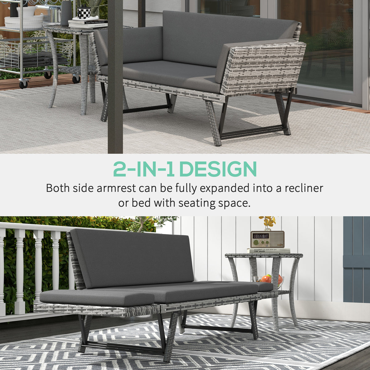 Outsunny 2 Seater Rattan Sofa with Cushions, 2-in-1 PE Rattan Daybed Sofa with Left Up or Down Armrests, Garden Chaise Lounger Loveseat for Outdoor, Patio, Mixed Grey