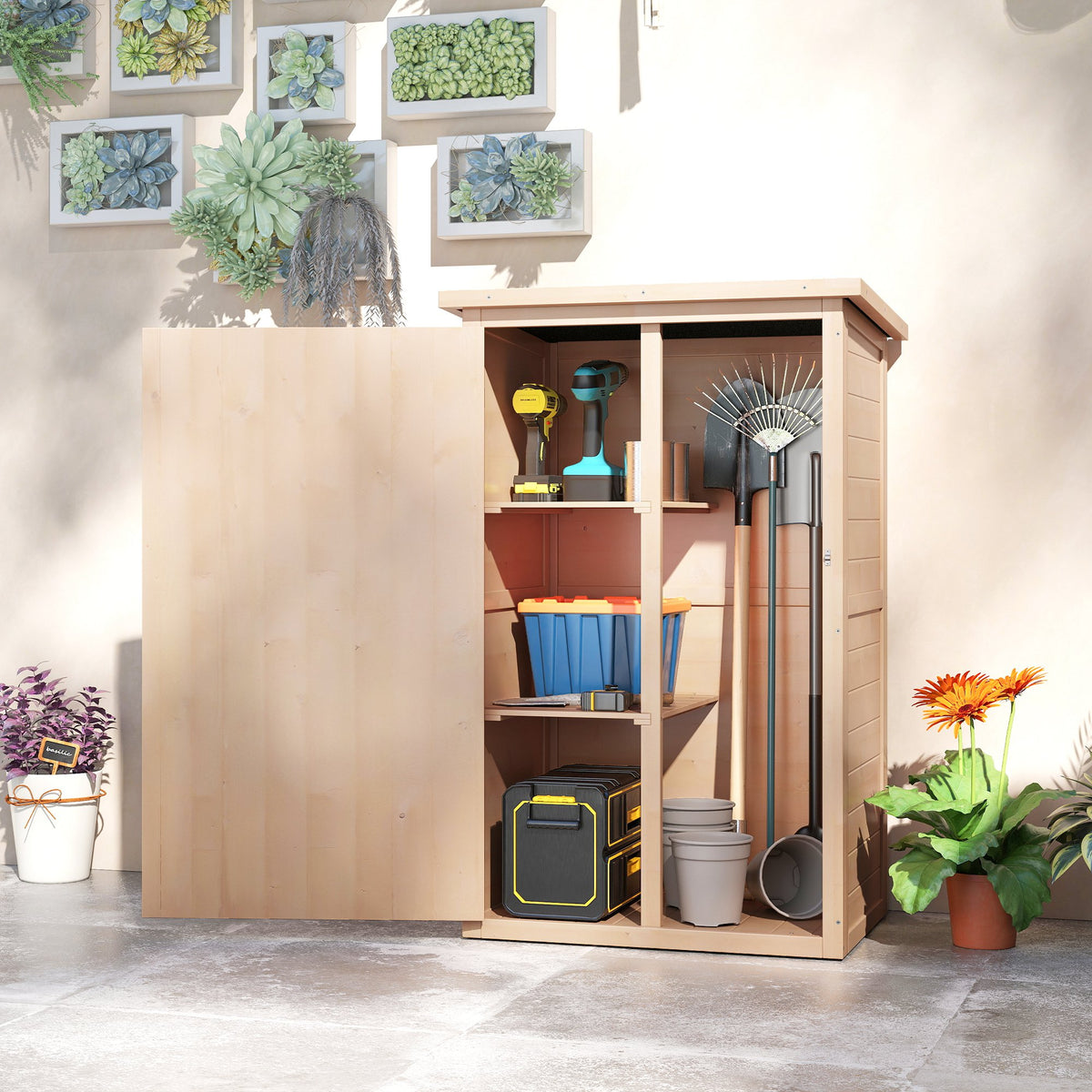 Outsunny Wooden Small Shed, Garden Storage Shed with Shelves and Bolt Latch, 75L x 56W x115H cm, Natural