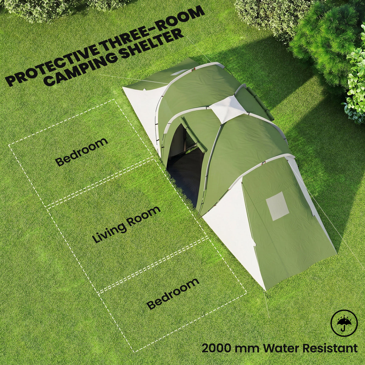 Outsunny Large Camping Tent Tunnel Tent with 2 Bedroom and Living Area, 2000mm Waterproof, Portable with Bag for 4 Man, Green