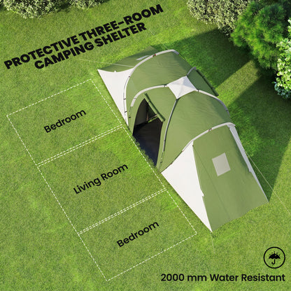 Outsunny Large Camping Tent Tunnel Tent with 2 Bedroom and Living Area, 2000mm Waterproof, Portable with Bag for 4 Man, Green