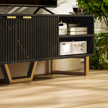 HOMCOM Marble Effect TV Unit, Modern TV Stand Cabinet for up to 70" TVs, with Shelves and Storage Cupboard, Fluted Door, Extra Centre Leg, Cable Management for Living Room, Black