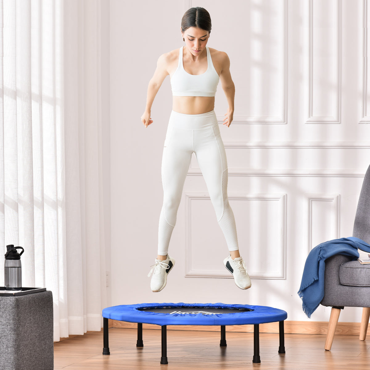 HOMCOM 36" Mini Fitness Trampoline Home Gym Yoga Exercise Rebounder Indoor Outdoor Jumper with Safety Pad, Support Up to 100 KG, Blue and Black