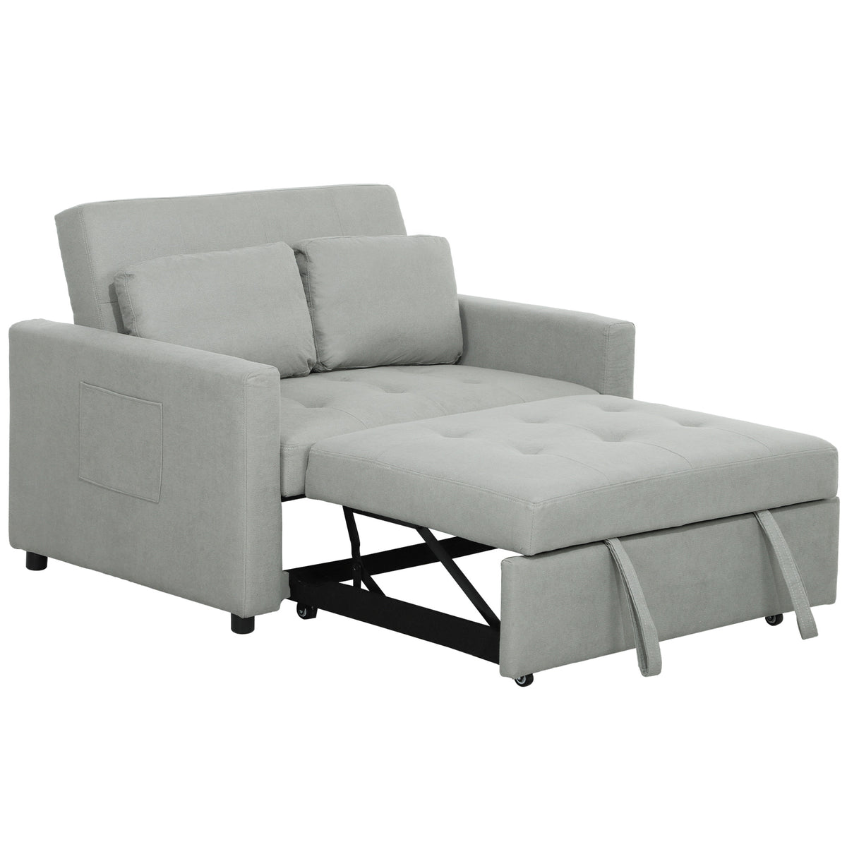 HOMCOM Loveseat Sofa Bed, Convertible Bed Settee with 2 Pillows, Side Pockets, Light Grey