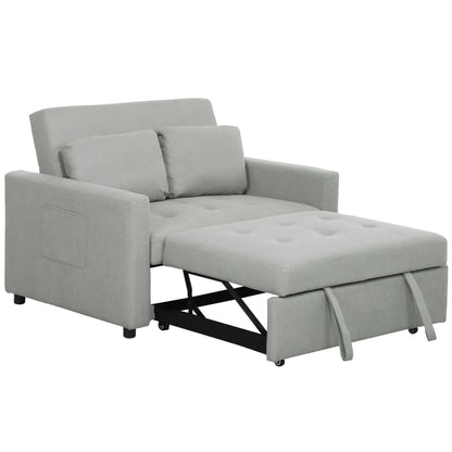 HOMCOM Loveseat Sofa Bed, Convertible Bed Settee with 2 Pillows, Side Pockets, Light Grey