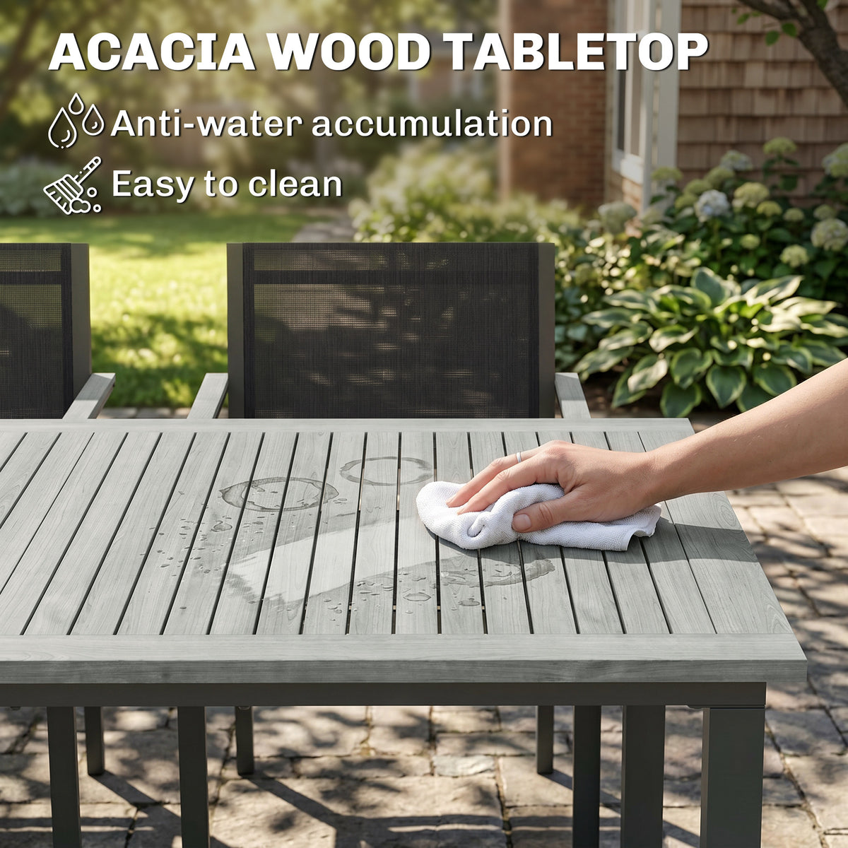 Outsunny Garden Dining Set with Acacia Wood Table Top, Outdoor Table and Stackable Chairs Set for 6 with Texteline Seat, Grey