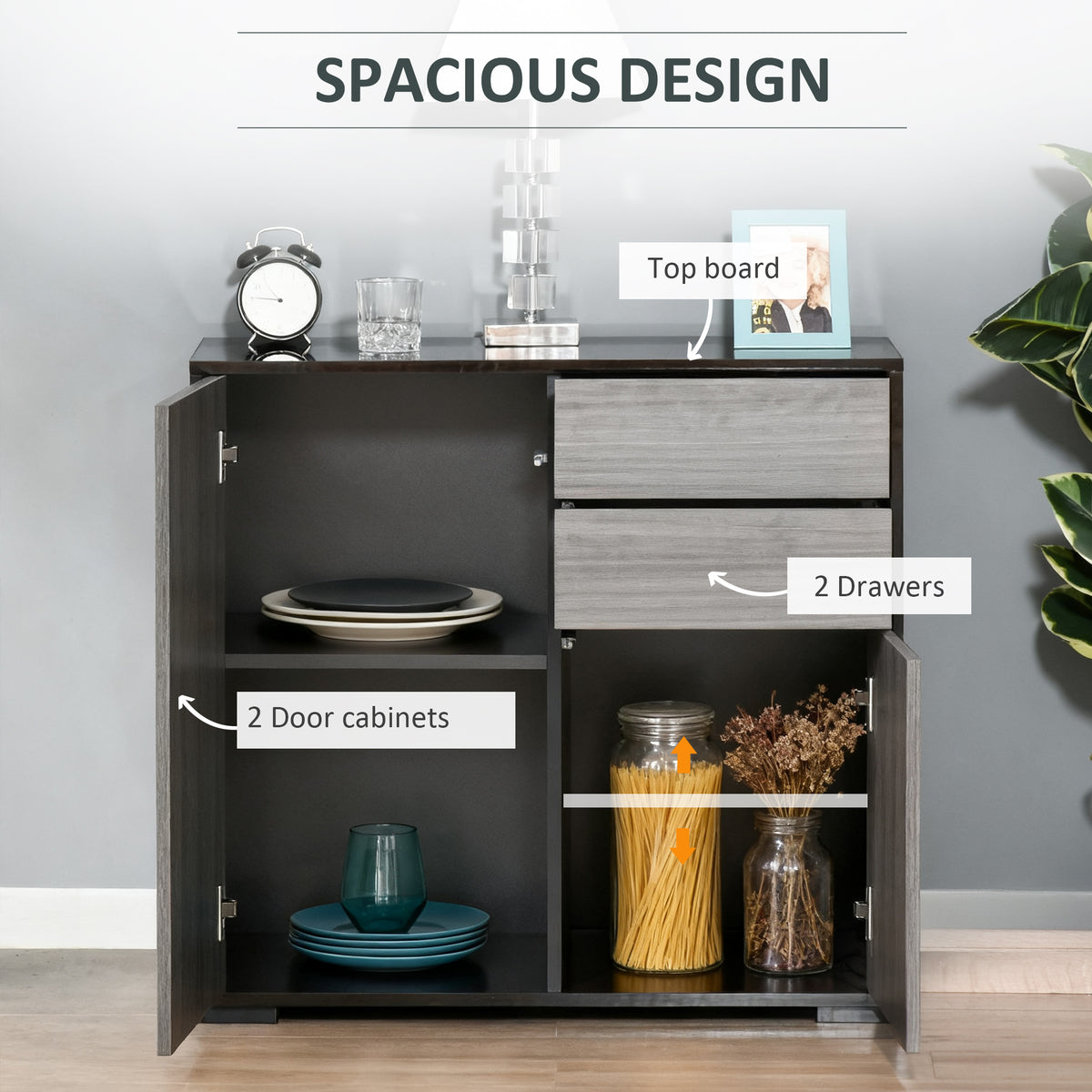 HOMCOM High Gloss Frame Sideboard, Push-Open Design with 2 Drawer for Living Room, Bedroom, 74H x 79W x 36Dcm, Light Grey and Black