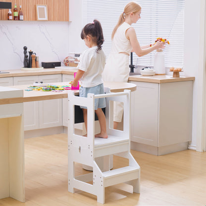 HOMCOM Toddler Learning Tower, 2 in 1 Toddler Step Stool for Kids with Chalkboard and Security Rail, Foldable Step Stool for Kitchen Bathroom, Ages 3-6 Years, White