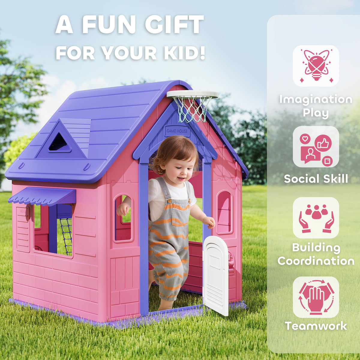 AIYAPLAY 5-in-1 Playhouse for Kids Outdoor Indoor with Basketball Hoop, Football Goal, Dartboard, Ring Toss for 2-5 Years, Pink