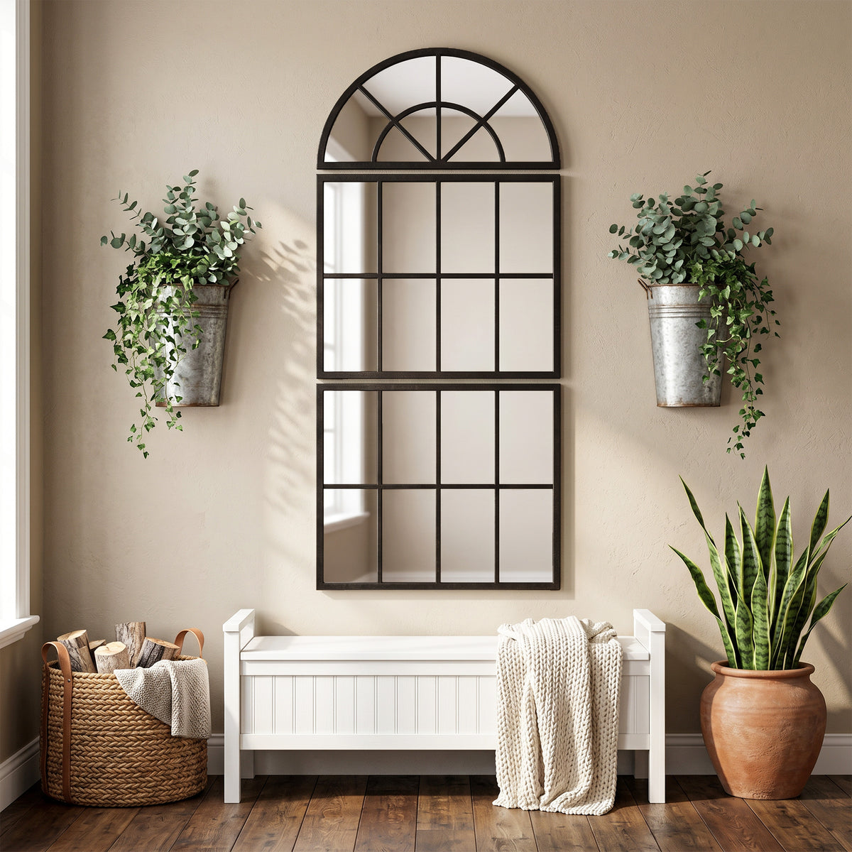 HOMCOM Large Arched Wall Mirror with Metal Grid, 3-Piece Split Window Mirrors, 120 x 54 cm, Black