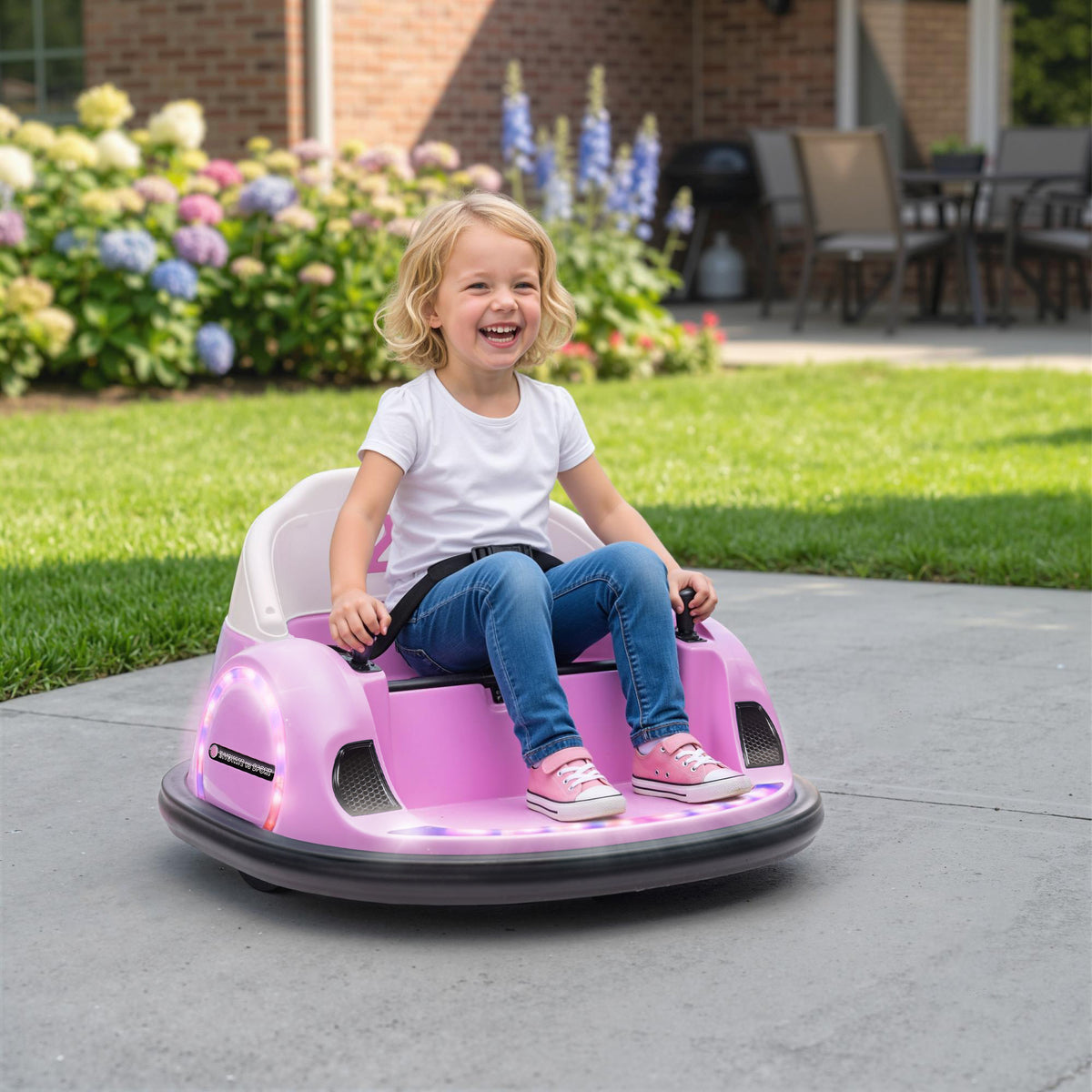 AIYAPLAY 360° Rotation Kids Bumper Car, 12V Waltz Car with Remote Control, Dual Joystick, Music, Lights, Pink