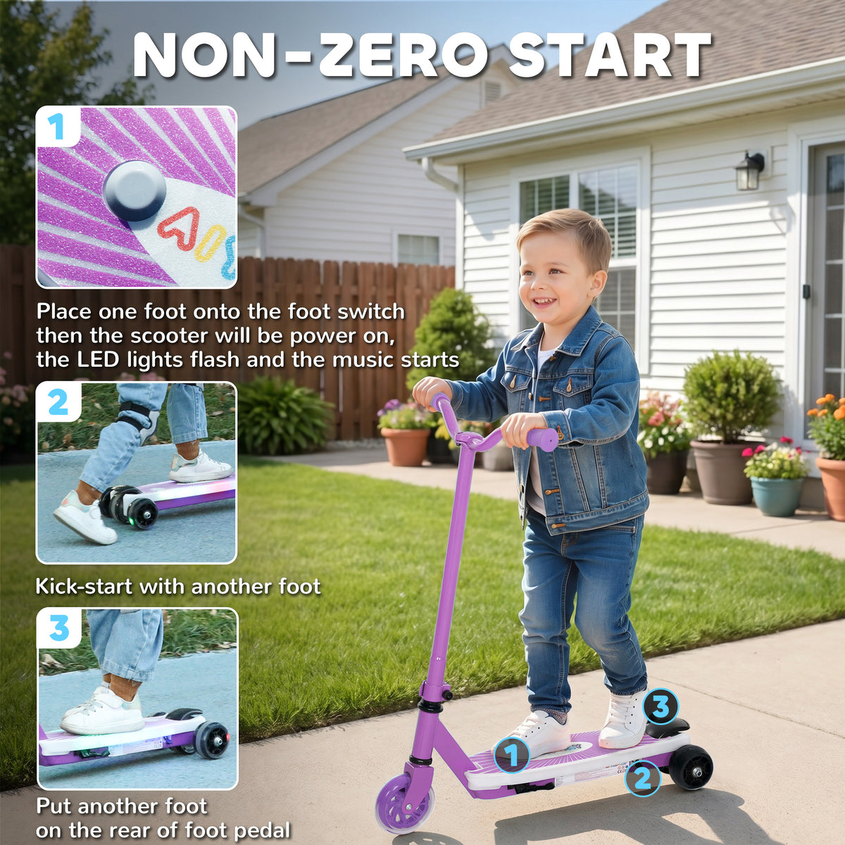 AIYAPLAY Electric Scooter for Kids Aged 4-7 Years, with Flashing LED Lights, Rear Auxiliary Wheels, Purple