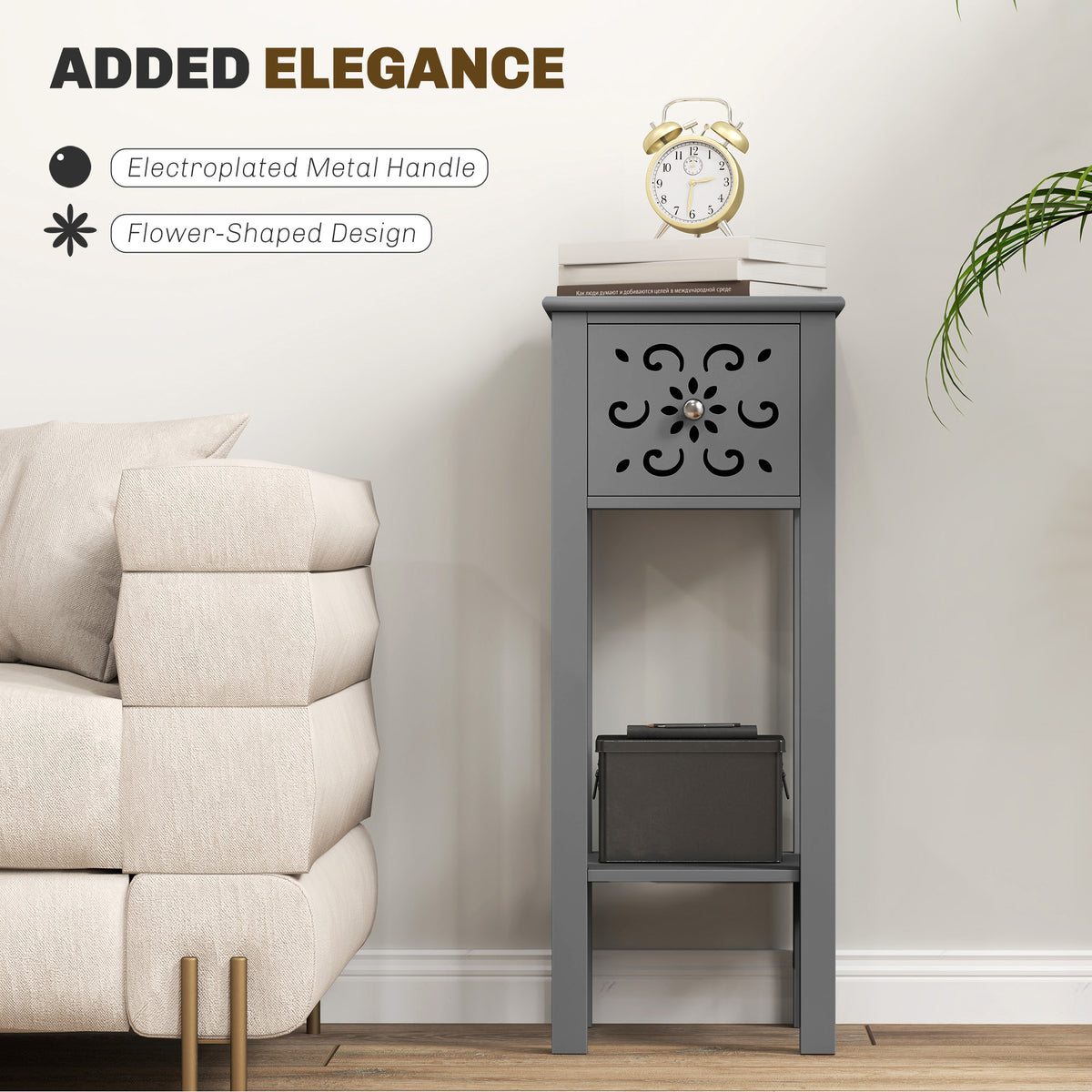 HOMCOM Set of Two Elegant Floral Cut-Out Side Tables - Grey