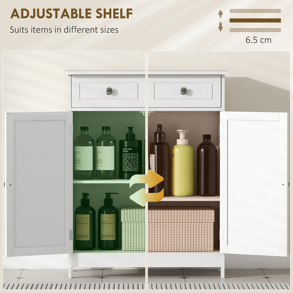 kleankin 75x60cm Freestanding Bathroom Storage Cabinet Unit w/ 2 Drawers Cupboard Adjustable Shelf Metal Handles Traditional Style White
