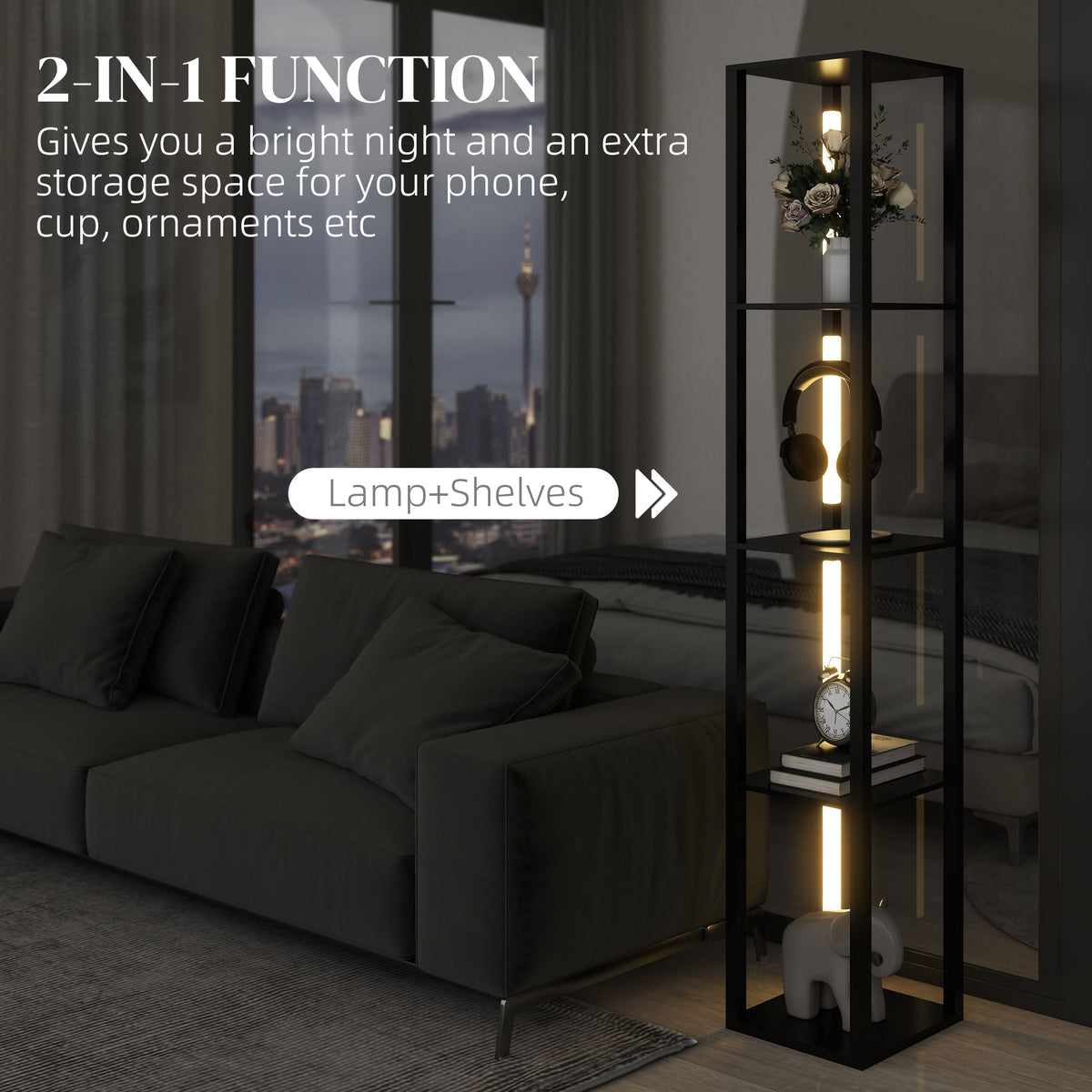 HOMCOM LED Floor Lamp with Shelves, Modern Dimmable Standing Lamp with 3 Brightness Levels and Foot Switch for Living Room, Bedroom, Office, Black