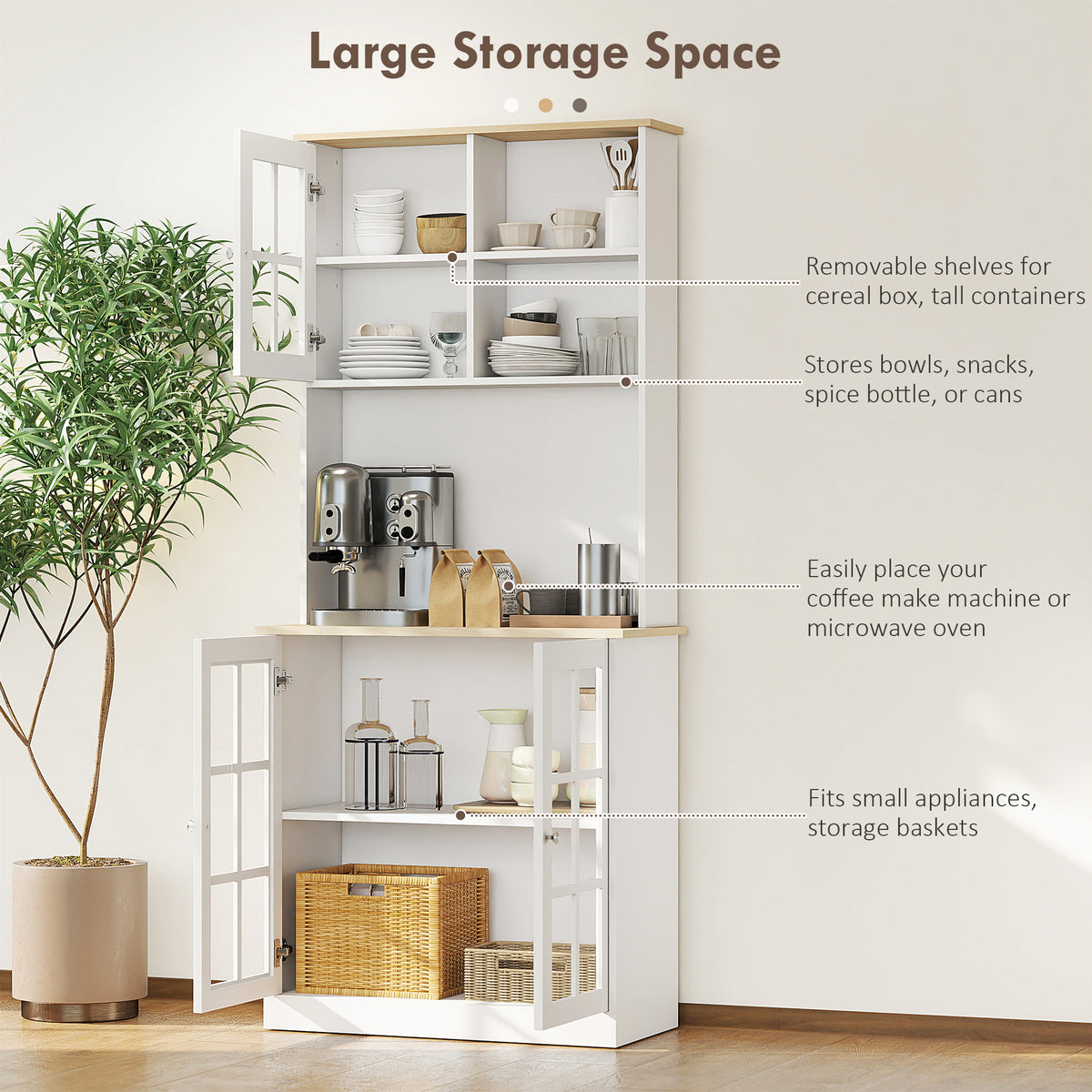HOMCOM Kitchen Pantry, Buffet Hutch with 3 Storage Cabinets, 2 Open Shelves and Large Countertop for Kitchen, Living Room and Entryway, White