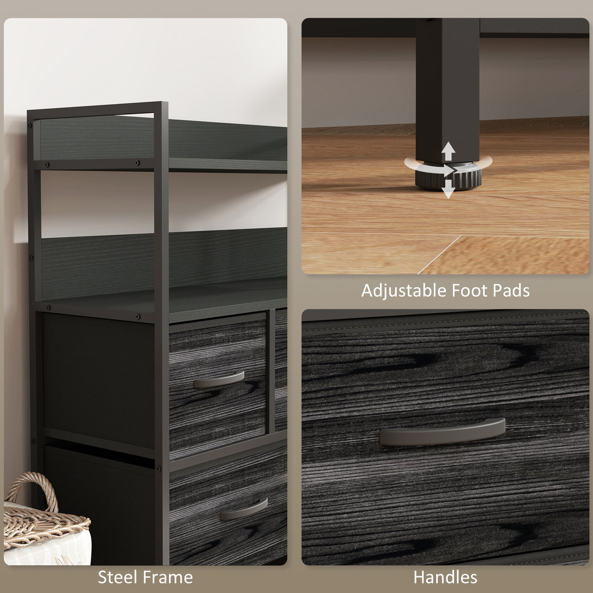 HOMCOM Rustic Chest of Seven Fabric Drawers - Black