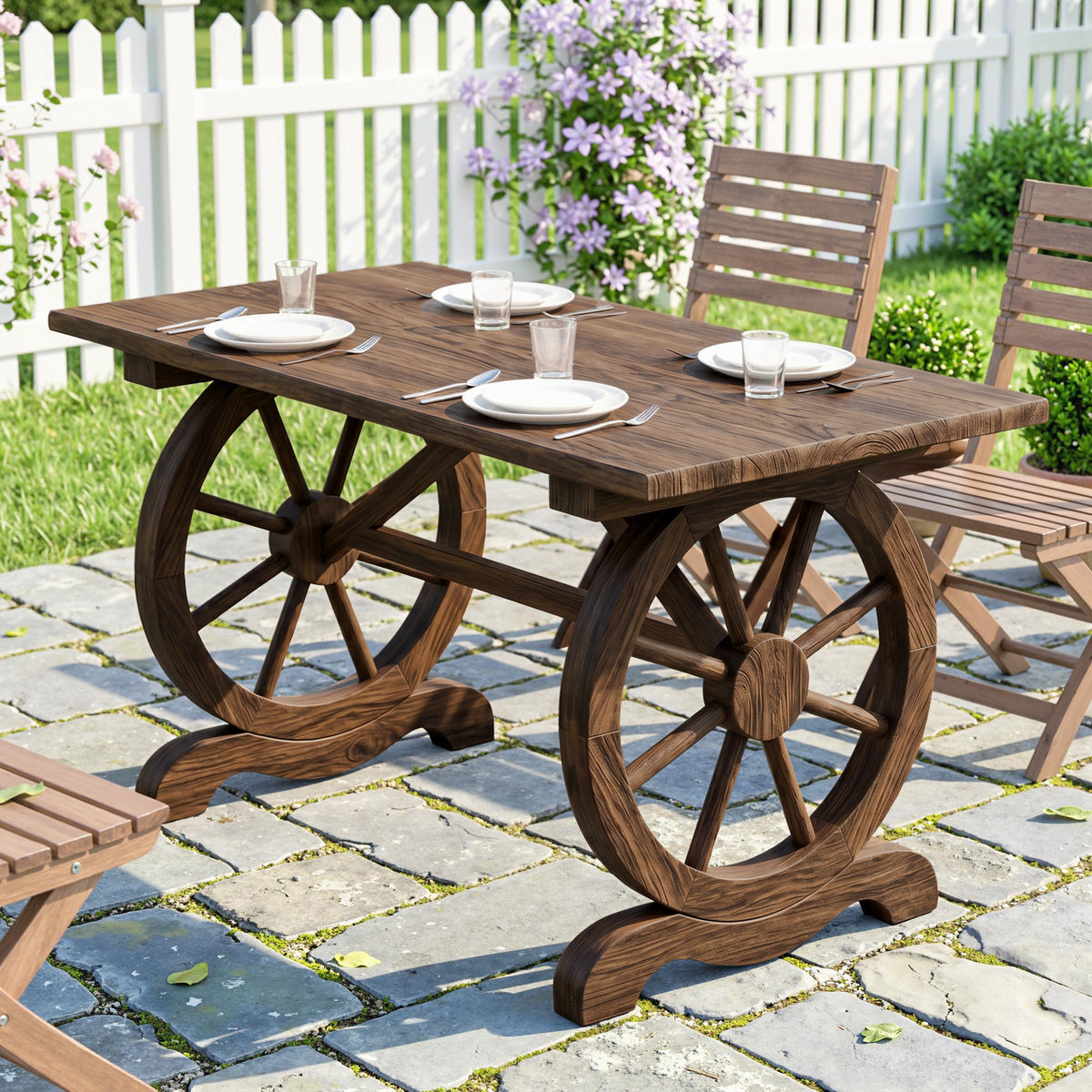 Outsunny Wooden Garden Dining Table, Wagon Wheel Outdoor Coffee Table with 3 cm Wood Top for Patio, Balcony, Terrace, 110 x 60 x 65 cm, Carbonised Finish