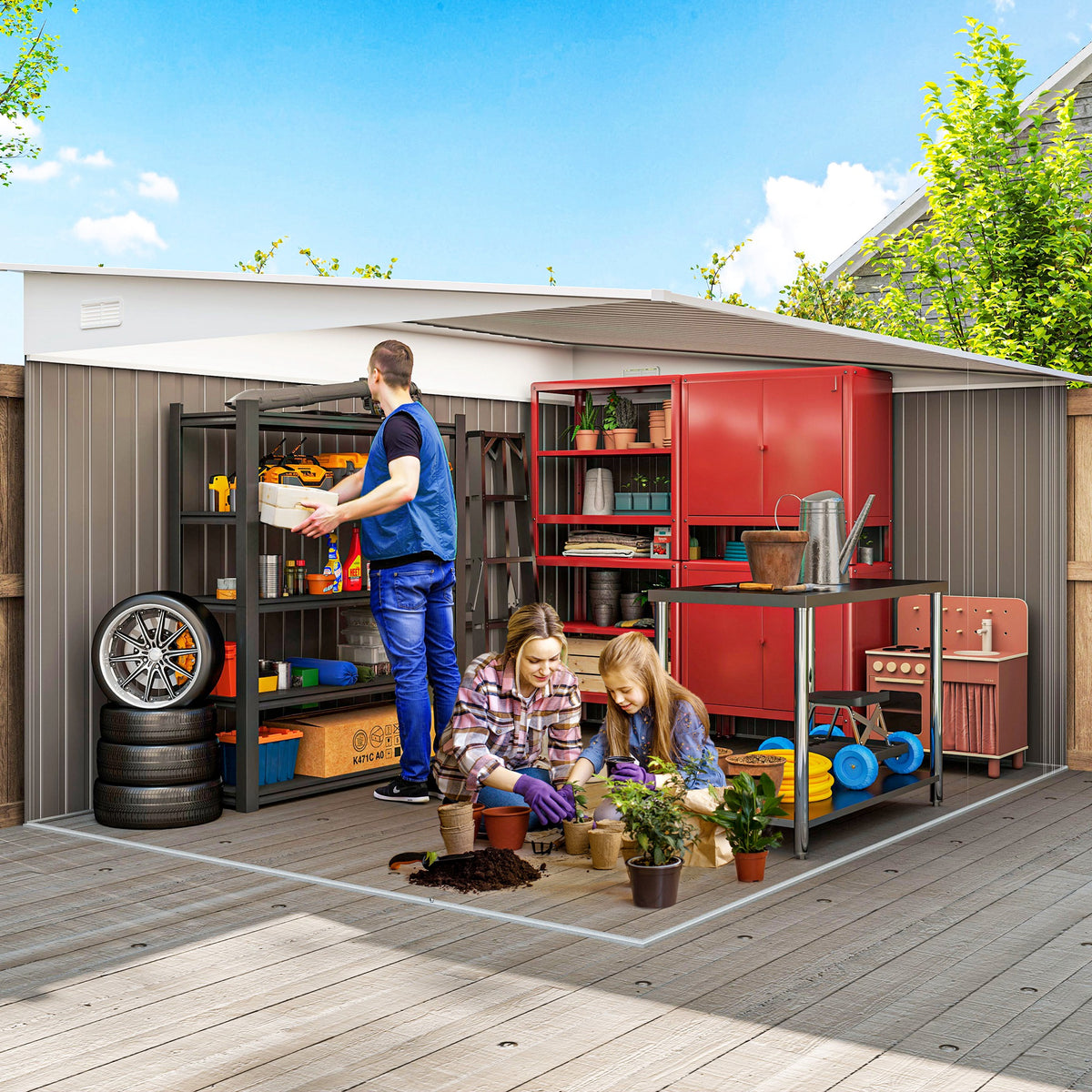 Outsunny 11.3 x 9.2ft Lean to Metal Garden Shed, Waterproof Outdoor Tool & Bike Storage Shed Galvanised with Lockable Double Sliding Doors, Pent Roof and 2 Air Vents, Grey