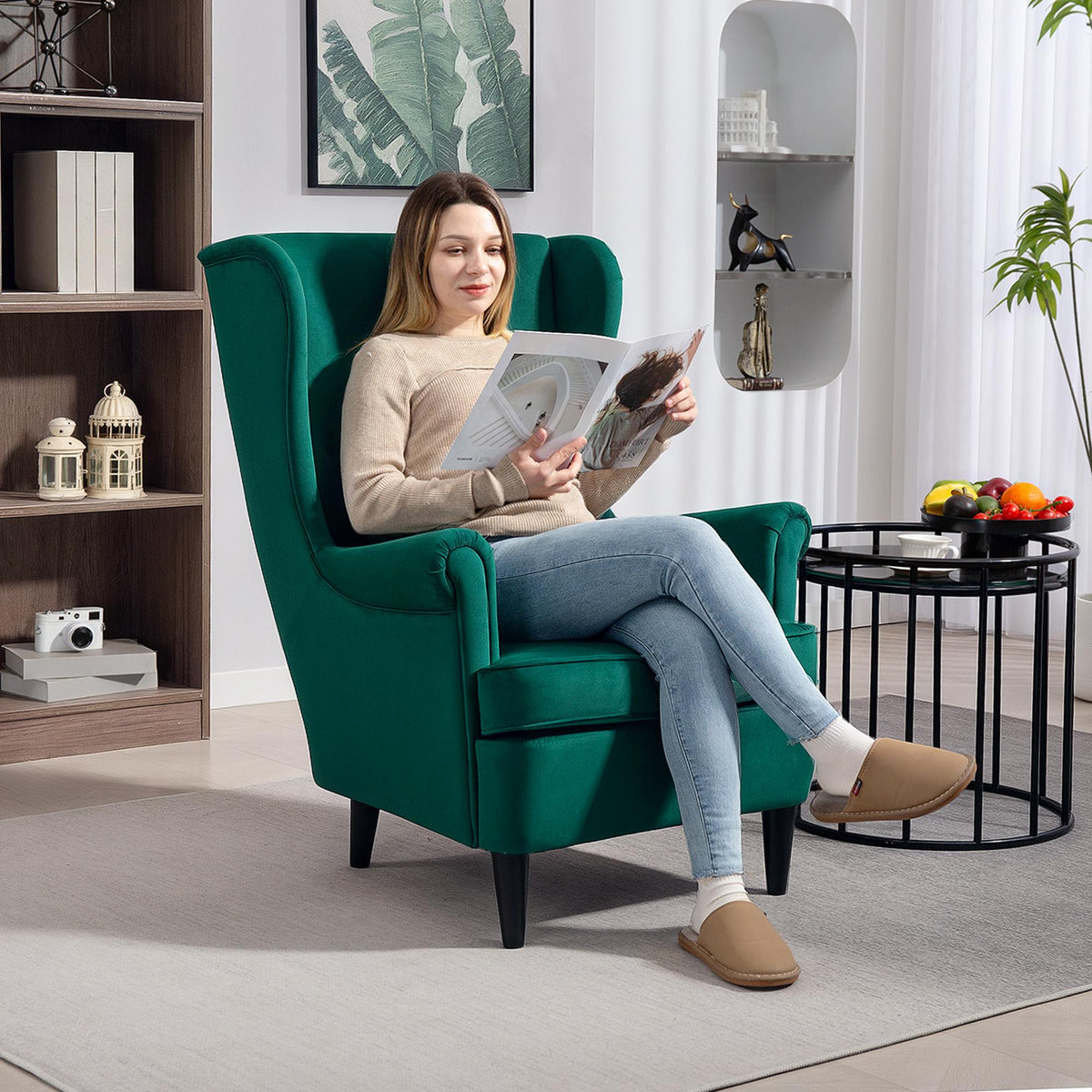 HOMCOM Modern Accent Chair with High Backrest and Pillow, Velvet-Feel Fabric Reading Chair with Solid Wood Legs, Green