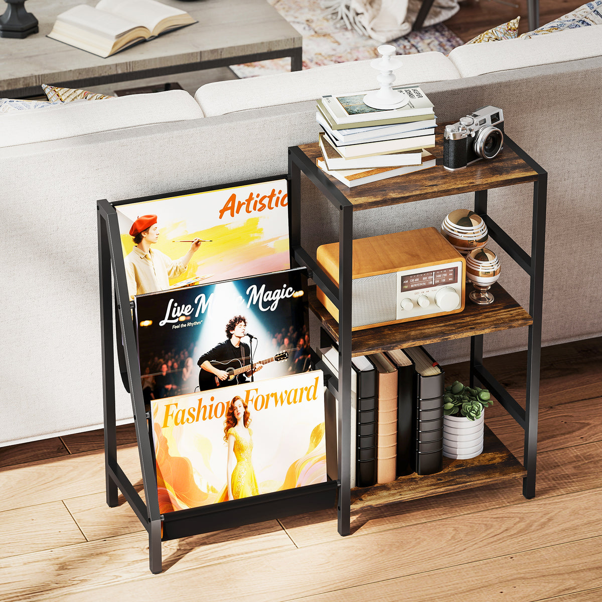 HOMCOM 3-Tier Record Player Stand, End Table for Living Room, Bedroom - Rustic Brown