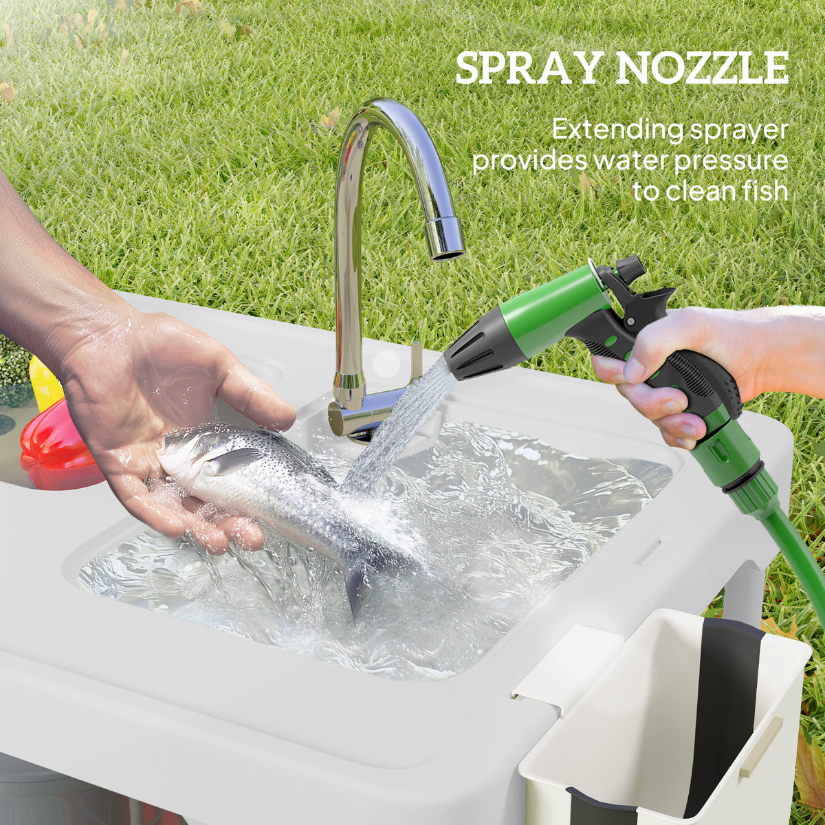 Outsunny Folding Fish Cleaning Table with Sinks, Portable Camping Sink Table with Faucet, Drainage Hose