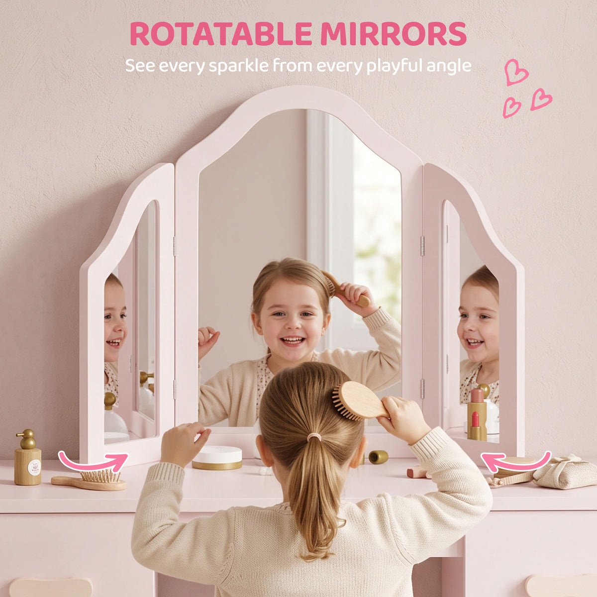 AIYAPLAY Kids Dressing Table, Kids Vanity Table and Chair Set with Tri-Folding Mirror, 2 Drawers, 2 Cabinets for Girls 3+, Pink