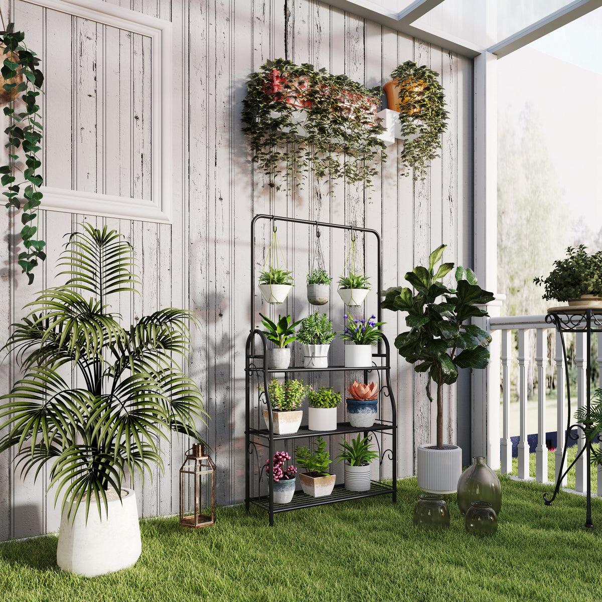 Outsunny 3 Tier Plant Stand with Hanging Rod and Hooks, Metal Plant Rack Shelf, Ladder Flower Pot for Indoor Outdoor Porch Balcony Living Room Bedroom, Black