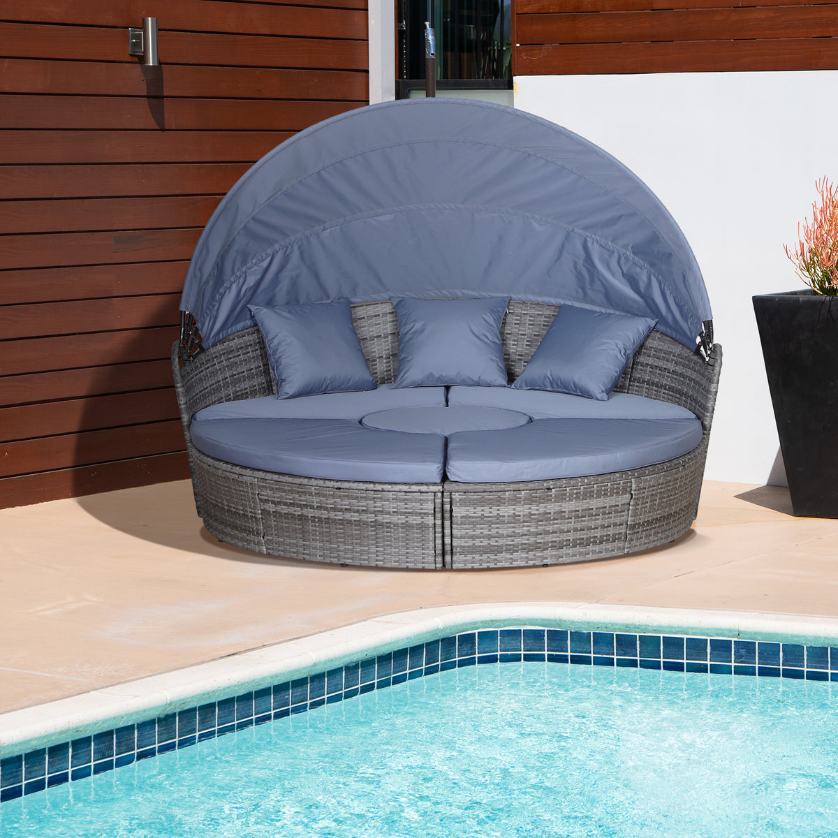Outsunny Outdoor PE Rattan Garden Furniture with Cushioned, Patio Wicker Conversation Furniture Set, Round Daybed with Retractable Canopy, Coffee Table and Three Pillows, Grey/Blue Grey