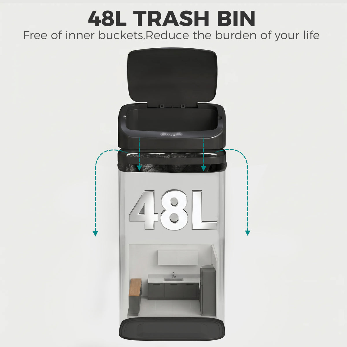 HOMCOM 48L Galvanised Steel Sensor Bin - Black
