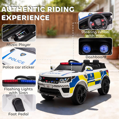 HOMCOM Ride on Police Kids Car 12V Electric Car for 3-6 Years with Remote Control Siren Flashing Lights Suspension, White