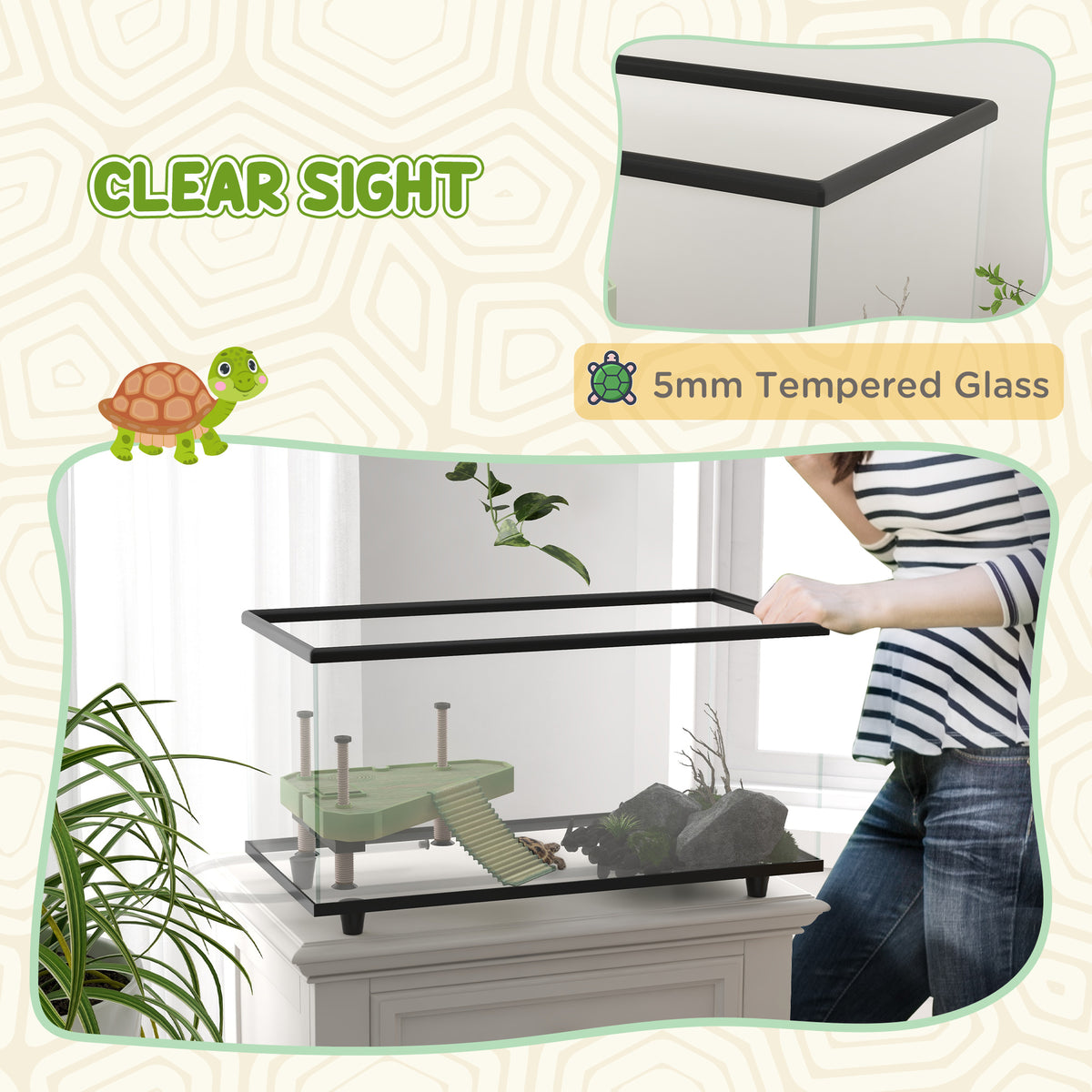 PawHut 50L Glass Turtle Tank Aquarium with Basking Platform, Easy Drainage