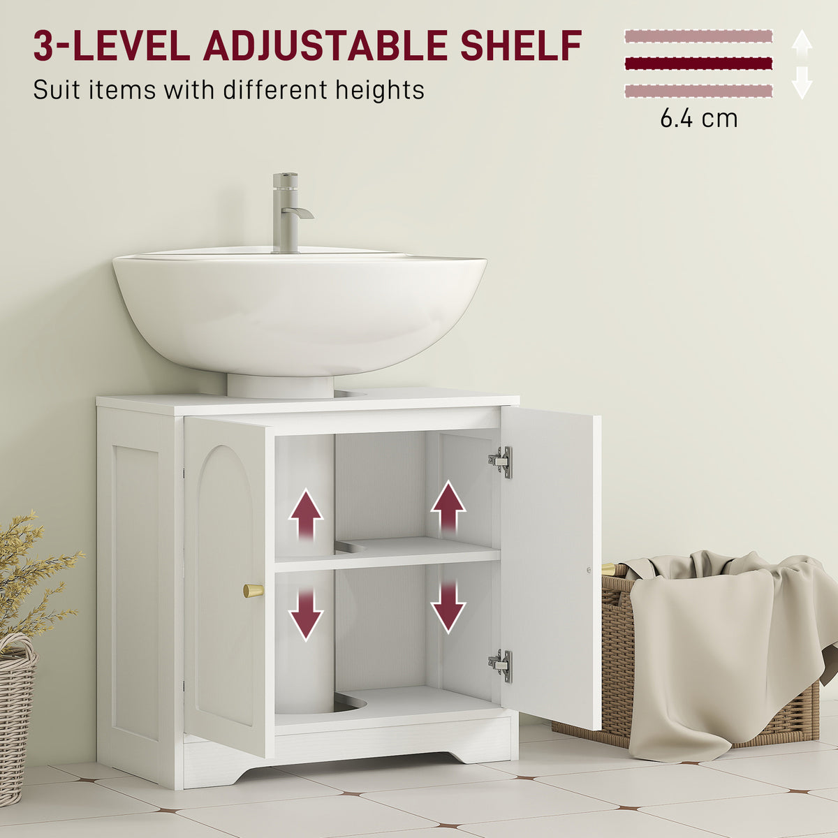HOMCOM Under Sink Bathroom Cabinet with 2 Arch Doors - White