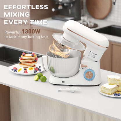 HOMCOM 1300W Kitchen Stand Mixer, with Accessories - White