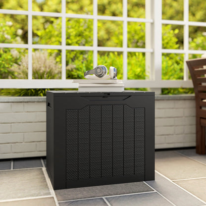 Outsunny 97L Plastic Garden Storage Box, Outdoor Storage Box with Handles, Waterproof Outdoor Storage Container, Black