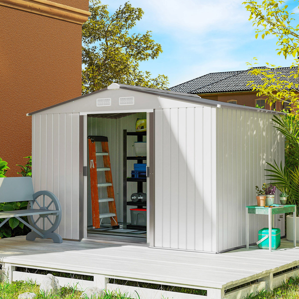 Outsunny Metal 9 x 6FT Bike Shed, Mobility Scooter Shed House with Foundation Kit, Ventilation, Silver