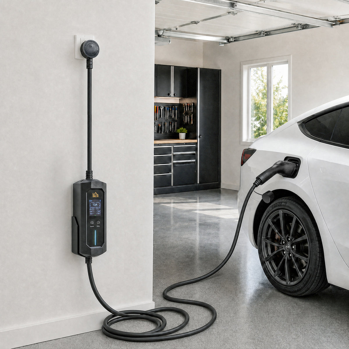 HOMCOM EV Charger Type 2 to 3 Pin Plug, 10 m, 2.8 kW, 6-13 A, Electric Car Charger Type 2 Charging Cable w/ 1-12 h Time Delay