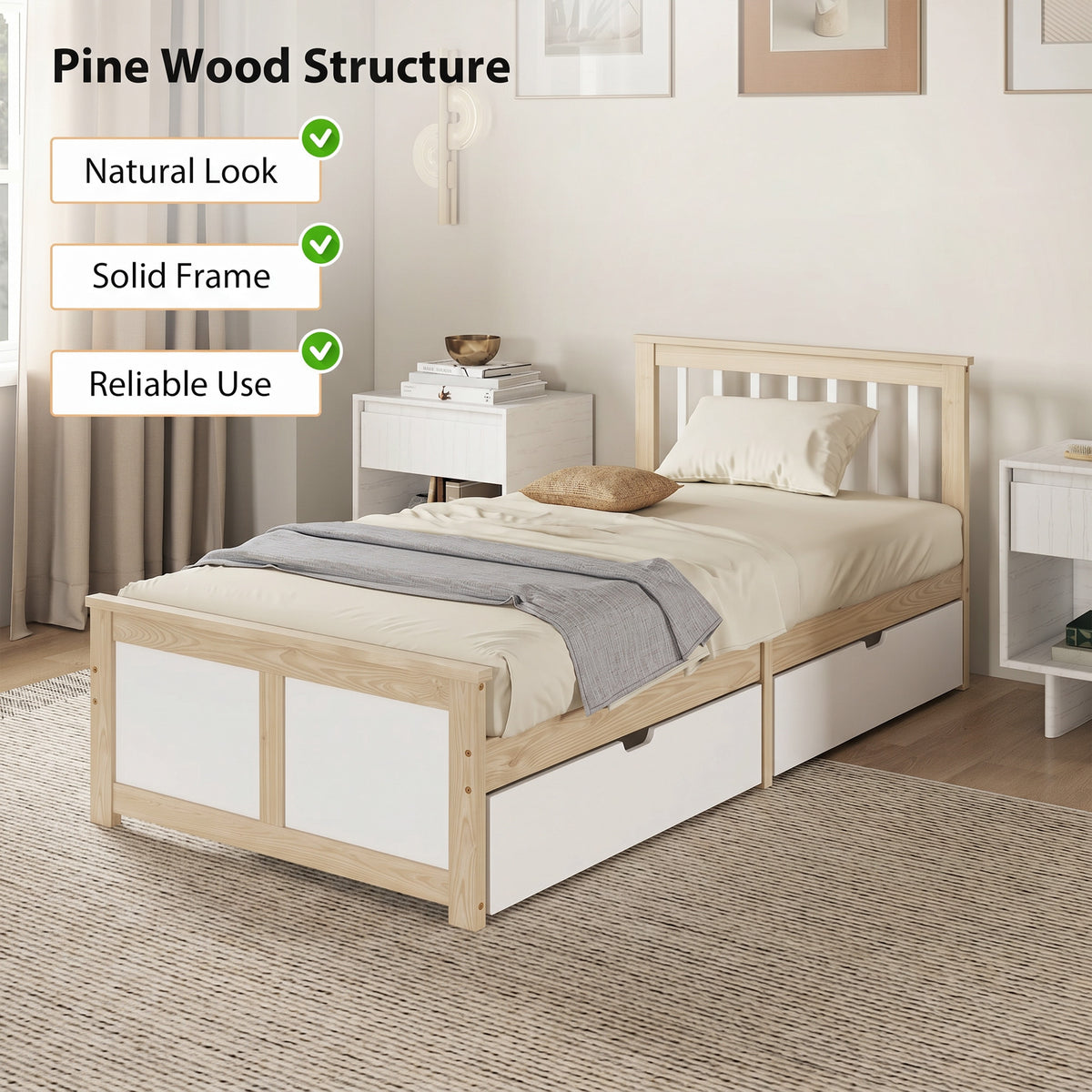 HOMCOM Pine Storage Bed, 3ft Single Solid Wooden Bed Frame with Drawers, Headboard, Wood Slat Support, Natural Wood Finish