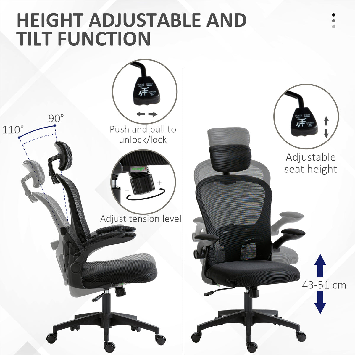 Vinsetto Multi-Adjustable Office Chair, with Lumbar Support, Headrest and Mesh Back - Black